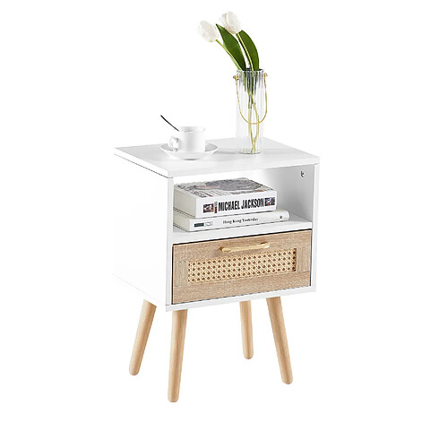 modfu Table de chevet rotin 1 tiroir H55 cm blanche avec pieds en Bois