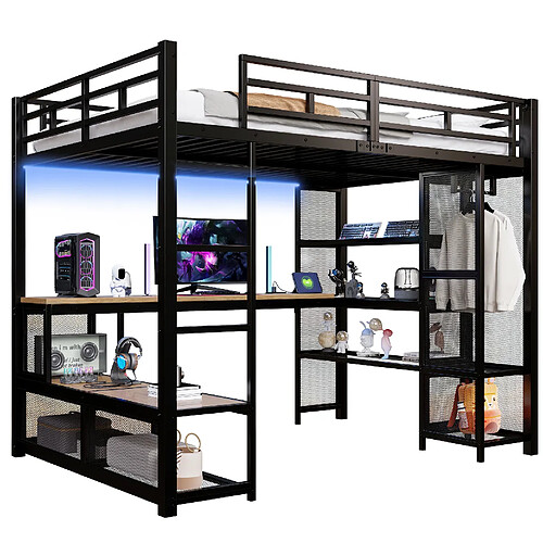 modfu Lit mezzanine 140x200 cm noir avec bureau, rangement et LED