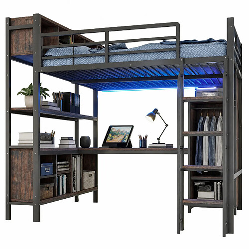 modfu Lit mezzanine 140x200 cm avec bureau, LED et rangement, noir