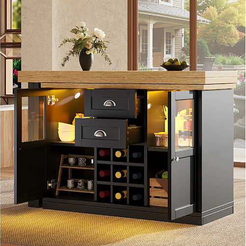 modfu Table à manger extensible noire 120-197 cm, LED 3 couleurs, rangement