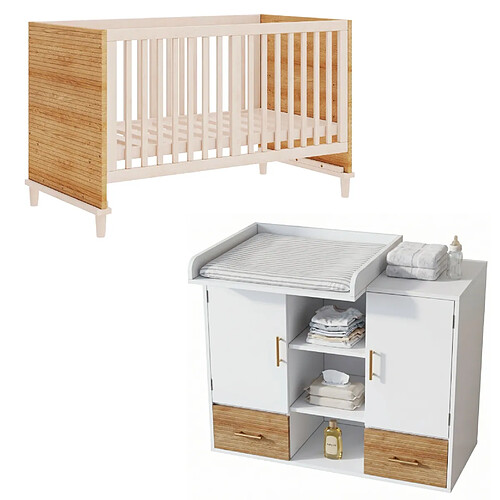 modfu Set bébé table à langer 114 x 53 x 92 cm + lit 70 x 140 cm, naturel blanc