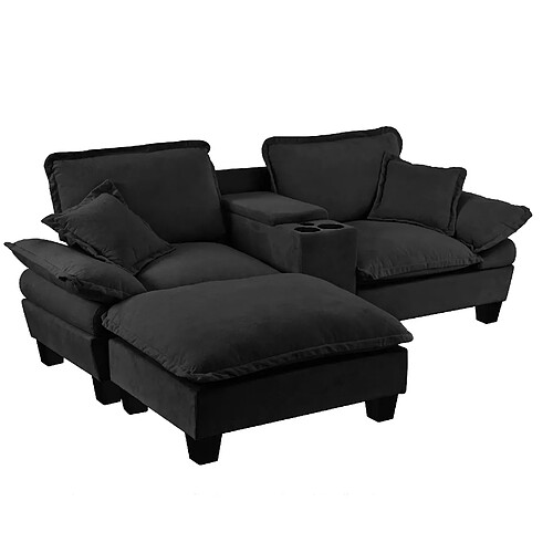modfu Canapé d'angle gauche 3 places noir, USB, rangement et porte-gobelets