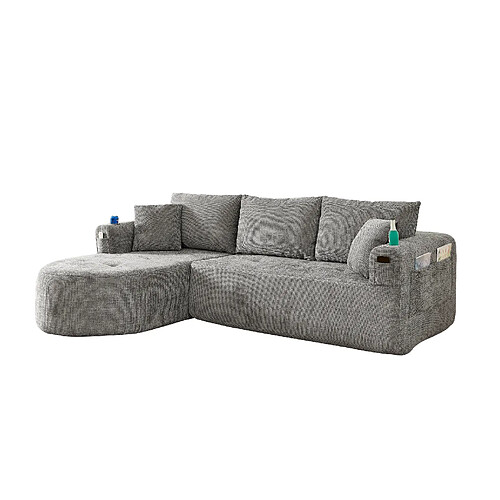 modfu Canapé d’angle L gris 3 places, sans montage, porte-gobelet inox