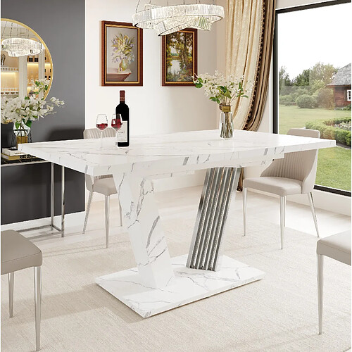 modfu Table à manger extensible blanche effet marbre 120-160 x 80 x 76 cm