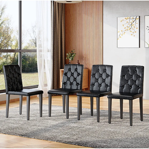 modfu Lot de 4 chaises de salle à manger noires en PU, dossier capitonné, pieds métal