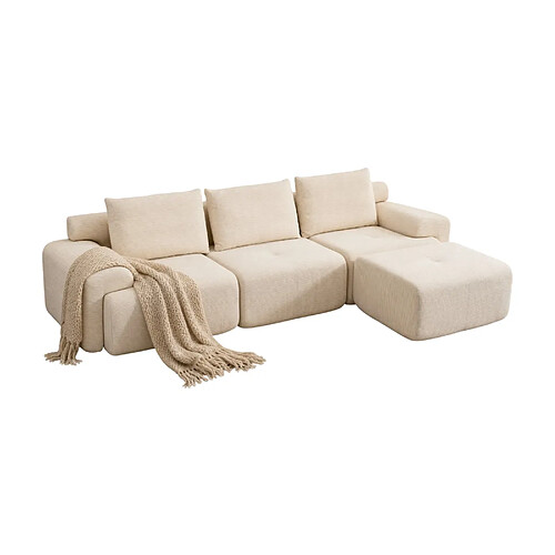 modfu Canapé d’angle L 3 places blanc en tissu cordonné, convertible, sans montage