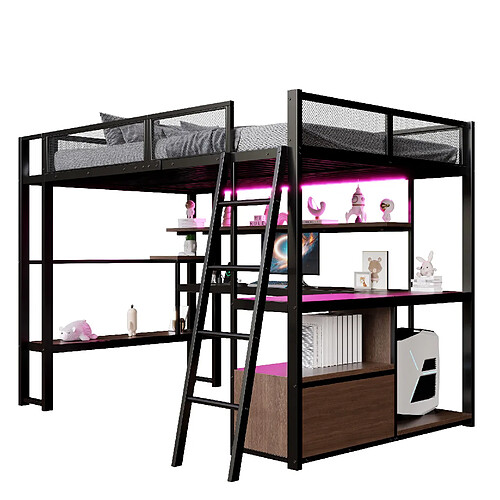 modfu Lit mezzanine 140x200 cm avec bureau, LED et rangements, noir