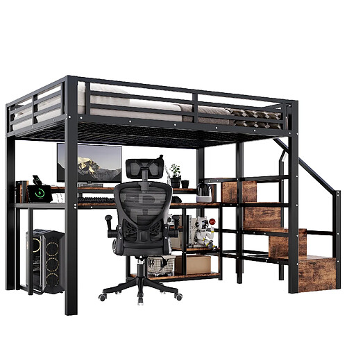 modfu Lit mezzanine 140x200 cm noir, LED, USB-C, rangements