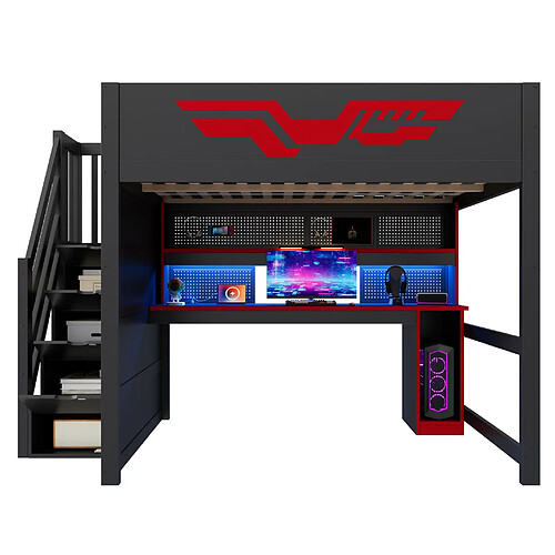 modfu Lit mezzanine gaming 140x200 cm avec bureau, LED, USB, noir/rouge