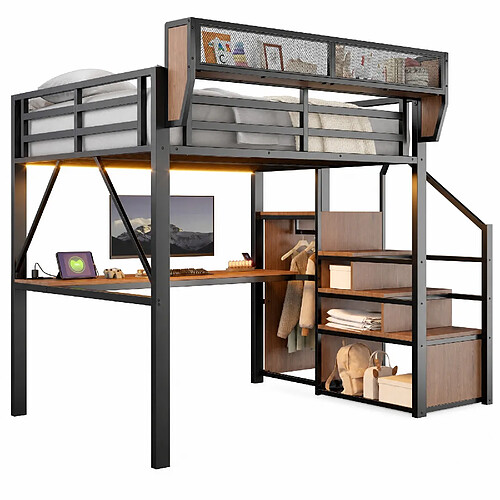 modfu Lit mezzanine 140x200 cm avec bureau LED noir