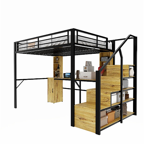 modfu Hochbett métal 140x200 noir avec bureau, rangement et USB