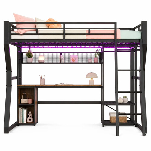 modfu Lit mezzanine 140x200 cm noir avec bureau, éclairage et rangement