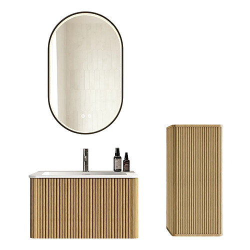 OKWISH Ensemble meuble vasque suspendu chêne 81 cm avec miroir LED