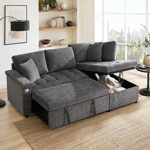 OKWISH Canapé d'angle droit convertible en chenille gris foncé, 3 places
