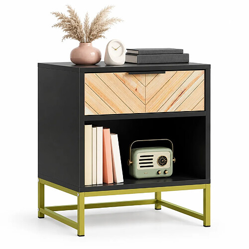 OKWISH Table de chevet moderne MDF noir et naturel, 1 tiroir, 43 x 40 x 55 cm