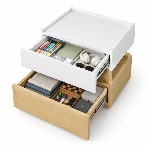 OKWISH Table de chevet industrielle 2 tiroirs blanc et naturel 50 x 40 x 50 cm