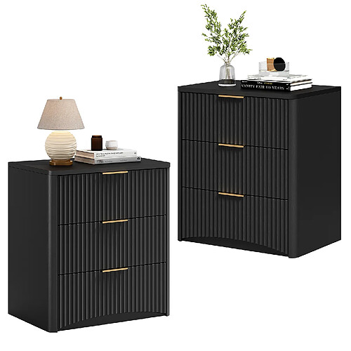 OKWISH Table de chevet noire MDF 3 tiroirs, 58 x 38 x 64 cm