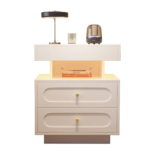 OKWISH Table de chevet LED blanche 2 tiroirs, niche ouverte, 50 x 40 x 60 cm