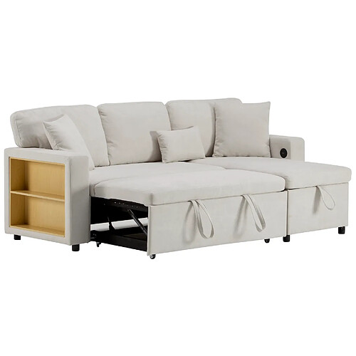 OKWISH Canapé d'angle convertible 4 places beige en flanelle avec rangement
