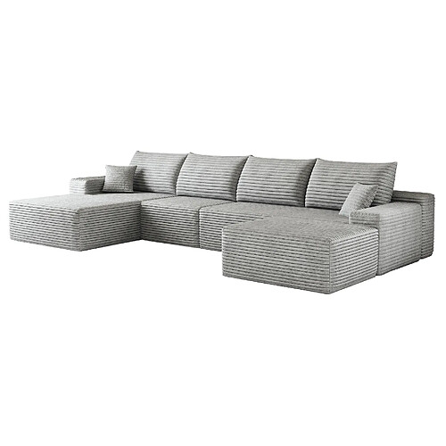 OKWISH Canapé panoramique modulable 5 places en velours côtelé gris 340 cm