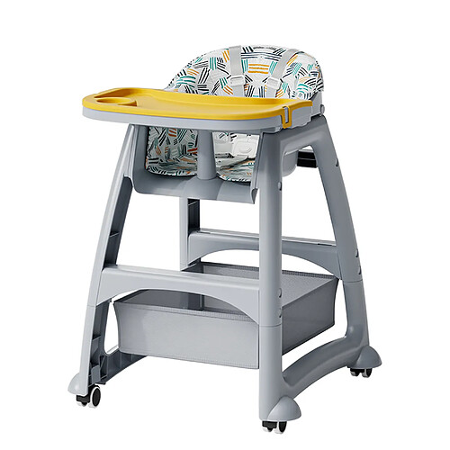 OKWISH Chaise haute grise avec 3 plateaux PP, harnais 5 points et roulettes