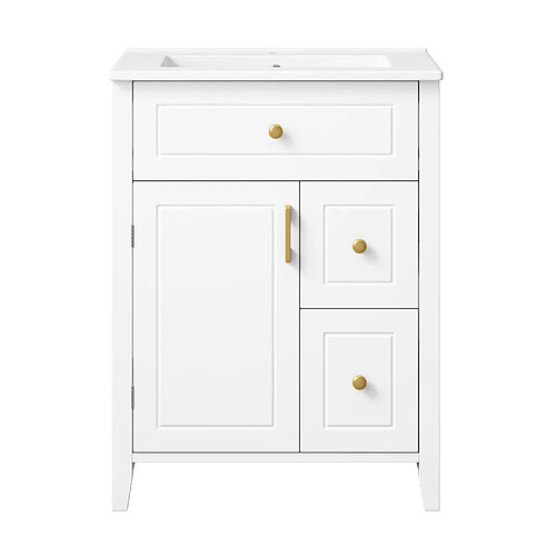 OKWISH Meuble vasque au sol 61 cm blanc brillant avec vasque en céramique