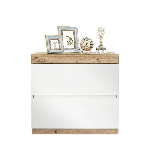 OKWISH Table de chevet 2 tiroirs, blanc et effet chêne, 55 x 40 x 55 cm