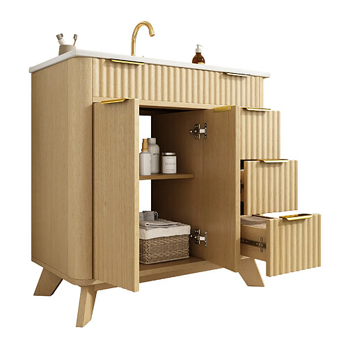 OKWISH Meuble vasque au sol 81 cm, bois naturel, 3 tiroirs et 2 portes