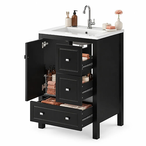 OKWISH Meuble vasque au sol noir 62 x 47 x 90 cm, 3 tiroirs et 1 porte