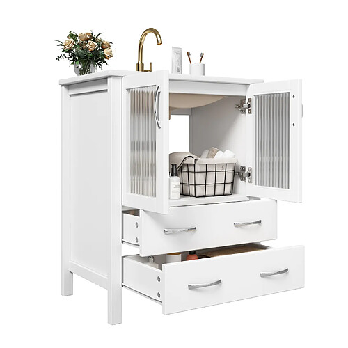 OKWISH Meuble sous-vasque au sol 61 cm blanc brillant avec vasque en céramique