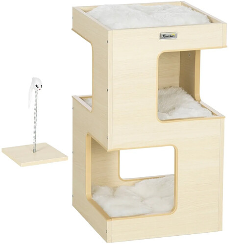 OKWISH Maisonnette pour félins à 3 niveaux, 34 x 34 x 60 cm, chêne et gris clair