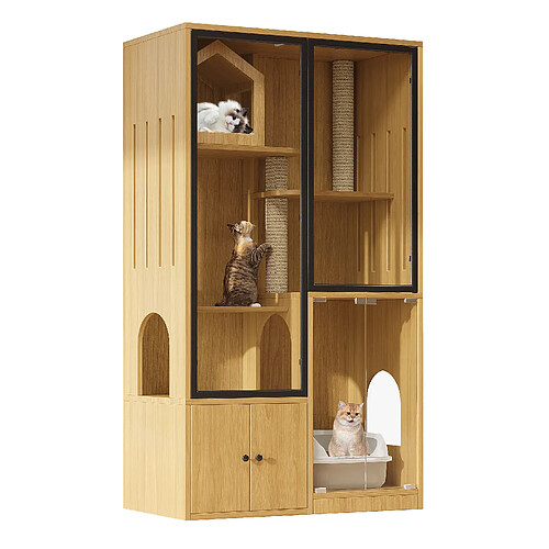 OKWISH Arbre à chat avec portes en verre trempé, érable, 90 x 50 x 160 cm