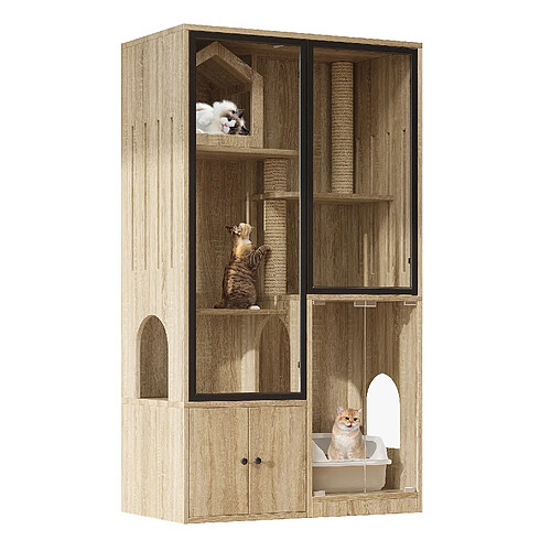 OKWISH Maison pour chats à 4 niveaux, naturel et noir, 90 x 50 x 160 cm