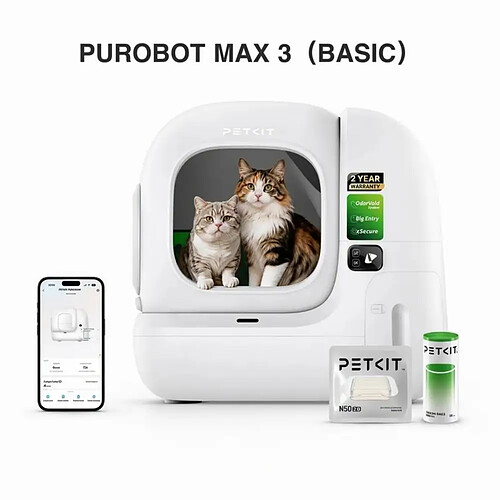 Bac à litière autonettoyant pour chat PETKIT Purobot Max 3 — bac à déchets de 7 L pour 15 jours d'utilisation sans intervention manuelle