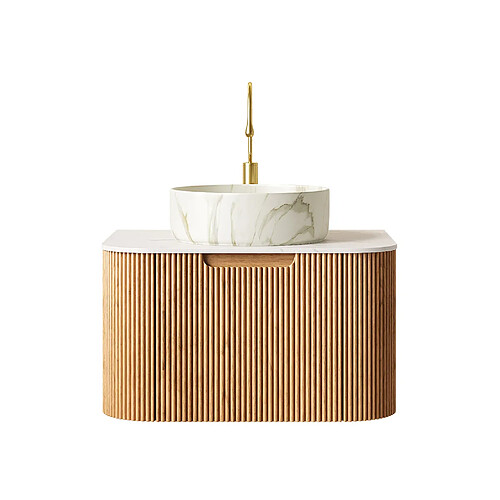OKWISH Meuble vasque suspendu 61 cm, céramique, bois clair et blanc