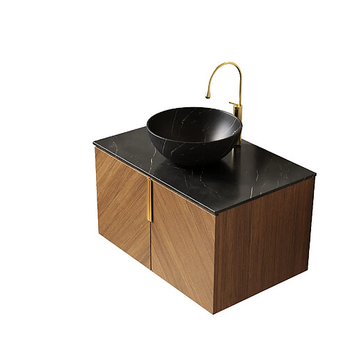 OKWISH Meuble vasque suspendu 76 cm, vasque noire, décor chêne brun