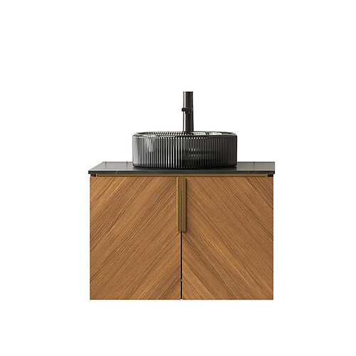 OKWISH Meuble vasque suspendu 61 cm, verre noir et finition chêne brun