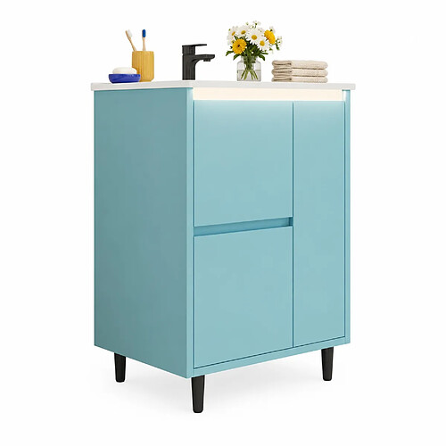 OKWISH Meuble vasque au sol bleu 61 x 46,5 x 87 cm, 2 tiroirs