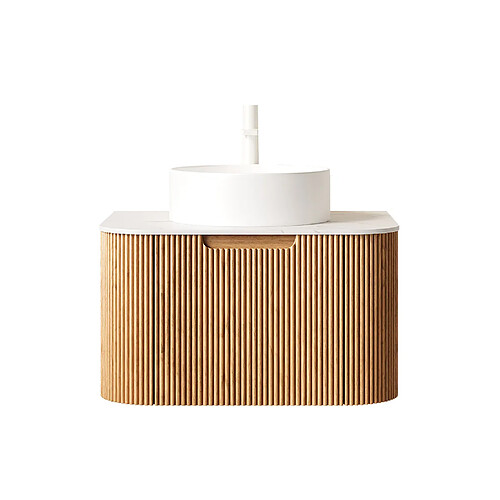 OKWISH Meuble vasque suspendu 61 cm, céramique blanche et bois naturel
