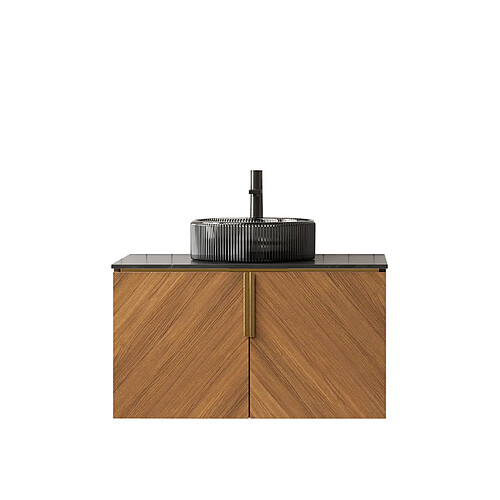 OKWISH Meuble vasque suspendu 76 cm, 2 portes, noir et chêne brun