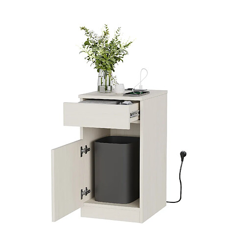 OKWISH Table de chevet MDF blanc aspect bois clair, charge USB, 33 x 40 x 61,5 cm