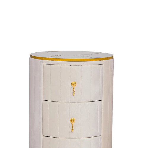 OKWISH Table de chevet ronde blanche à 3 tiroirs, plateau effet marbre