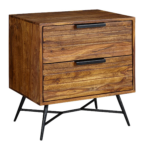 Ervesto NISHAN - Marron - Bois de sheesham massif et métal - 2 tiroirs - 60 x 40 x 60 cm