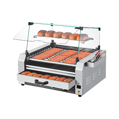 VEVOR HD11 - 11 rouleaux - Capacité 30 hot-dogs - Acier inoxydable - Chauffe-petits pains - Couvercle en verre - Bac à huile amovible