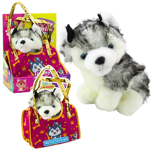 Lean Toys Chiot Husky dans un sac peluche mascotte doudou blanc et gris