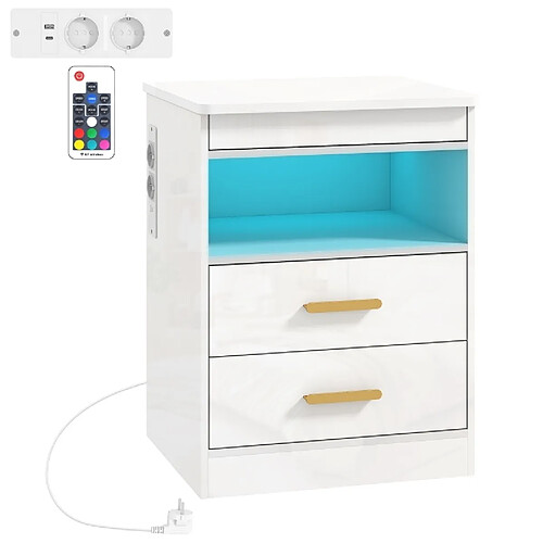 OKWISH Table de chevet blanc brillant avec chargeur et LED RGB, 45 x 40 x 59 cm