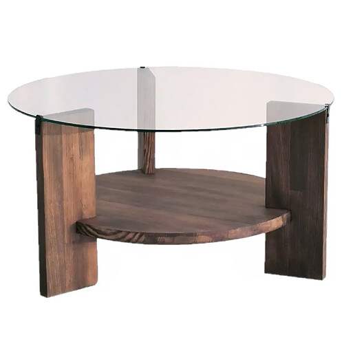 Toilinux Table basse ronde en verre et panneaux de particules - Diam. 75cm H. 40cm - Marron