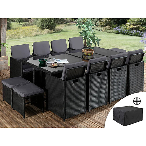 Bestmobilier Fira - Salon de jardin encastrable 12 places - en résine tressée - Noir avec coussins gris