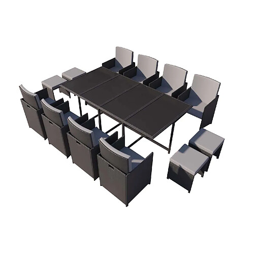 Concept Usine Table et chaises 12 places en résine tressée noir et gris FLORIDA
