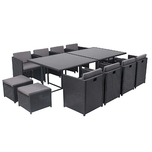 Concept Usine Table et chaises 12 places encastrables en résine noir-gris MIAMI
